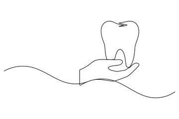 Hand Holding Tooth Continuous One Line Art Dental Care Protection Concept Clinic Vector Illustration