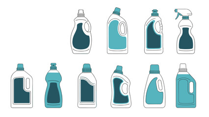 Extensive collection of diverse household cleaning product bottles, featuring various shapes and sizes for hygiene and maintenance.