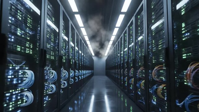 Server room with rows of illuminated racks, cables, and subtle smoke