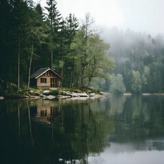 Fototapeta premium Misty forest cabin beside calm lake high resolution picture