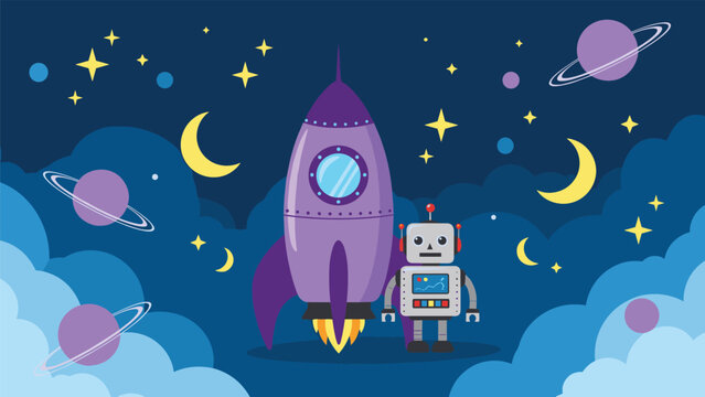 Cartoon rocket and friendly robot amidst planets, stars, moons, and clouds in a vibrant night sky, symbolizing space adventure.