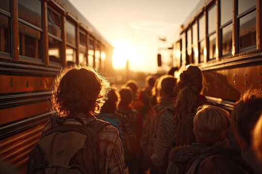 Students Boarding School Buses at Sunset.