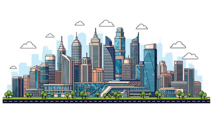 Fototapeta premium Panoramic modern city skyline featuring numerous towering skyscrapers, contemporary buildings, and lush green trees lining the bustling streets.