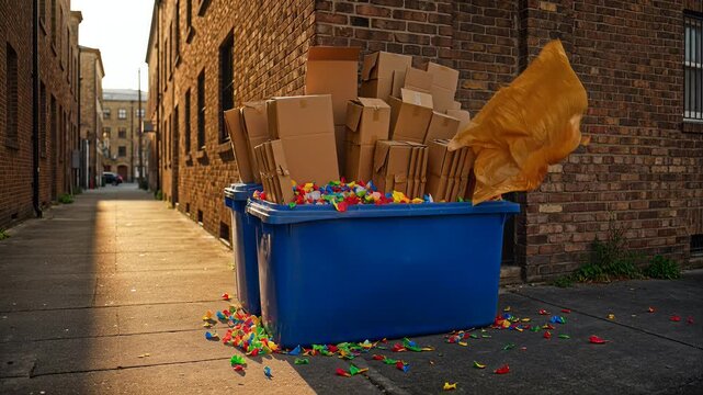 Overflowing Blue Dumpster in a Grimy Alleyway with Cardboard Boxes and Colorful Debris.