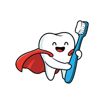 Happy superhero tooth character holding blue toothbrush with red cape, vector illustration promoting dental hygiene and oral health care