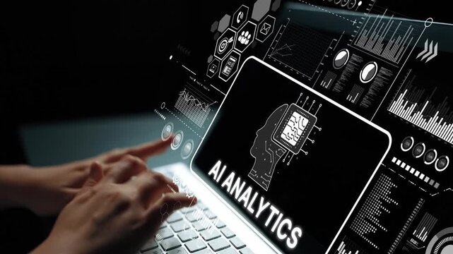 Detailed Exploration of AI Analytics on Laptop Screen with Data Visualizations and Graphics in Dark Environment. Asymptotic smart data analytic.