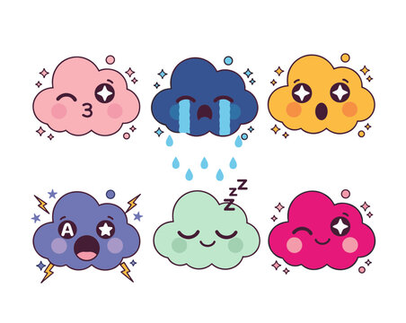 Set of six kawaii clouds with different emotions faces expressions weather conditions, vector illustration of cute sky characters collection