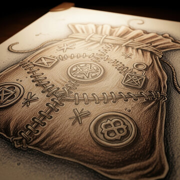 Intricately designed mojo bag with mystical symbols, isolated on a white background, featuring artistic shading and detailed stitching