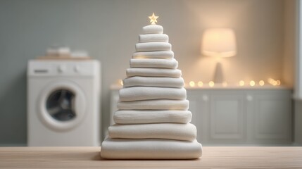 Neatly Folded Towels Sculpted in Christmas Tree Shape with Decorative Star in Cozy Laundry Room Setting