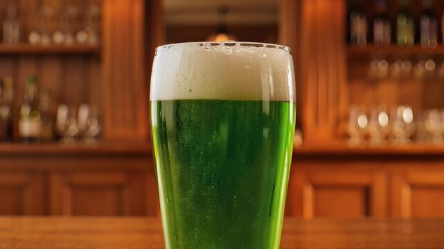 Close-up of a pint of green beer with a foamy head, celebrating St. Patricks Day in a traditional pub setting.