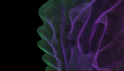 Complex Wavy Line Abstract Artwork Forming 3D Undulating Surface with Green to Purple Gradient on Black Background for Computational Art and Data Visualization