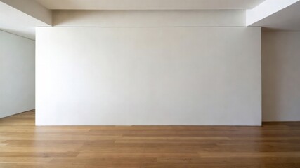 Fototapeta premium Large white wall with no decoration. The room is empty and has a minimalist feel. The white wall and wooden floors create a clean and simple atmosphere
