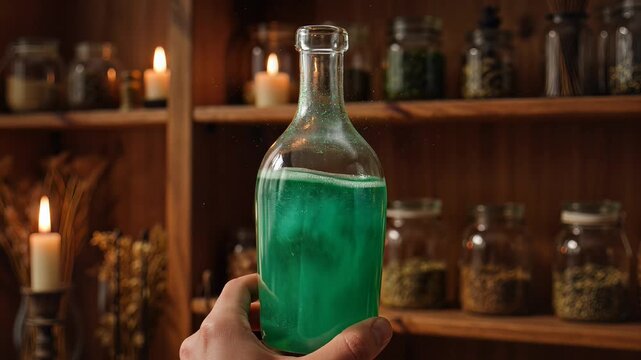 Hand holding a bottle of green potion in a dimly lit alchemists workshop with shelves of ingredients.