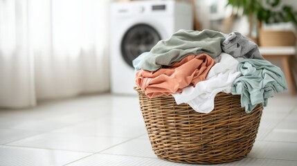 Obraz premium Laundry basket filled with clean, folded clothes in various colors, with a washing machine and bright window light in a modern laundry room setting