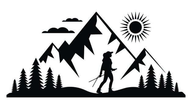 Mountain hiker silhouette illustration with trekking poles and sunny landscape