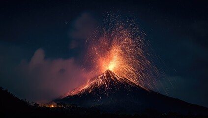 Fototapeta premium Fiery volcano erupts at night, spewing molten rock and ash into dark sky