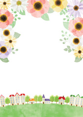 ポピーと街並みイラスト、春、かわいい、縦、水彩