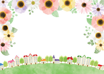 ポピーと街並みイラスト、春、かわいい、横、水彩