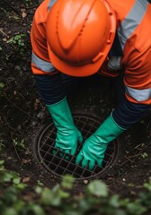 Fototapeta premium Worker in orange safety gear inspecting drain orange safety vest