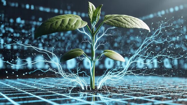 A vibrant green sapling grows amidst glowing blue energy currents