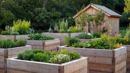Garden with many different plants in wooden boxes. The garden is surrounded by trees and has a rustic feel