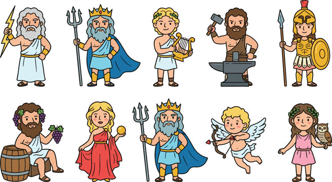 Cute Greek Mythology Gods and Goddesses Cartoon Vector Set Featuring Zeus Poseidon Apollo Ares Athena Cupid and Dionysus Characters