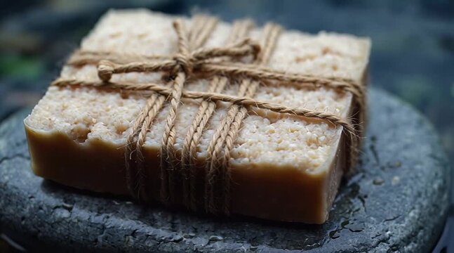 Handmade Natural Soap Bar Tied with Twine on a Stone Surface.