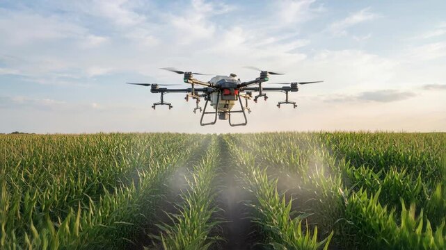 Smart agricultural drone spraying irrigation mist over corn crop field at sunrise and golden hour with precision for efficient crop care
