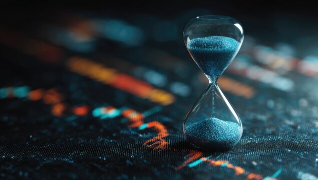 Hourglass on a Blurred Financial Chart Representing Time and Investment.