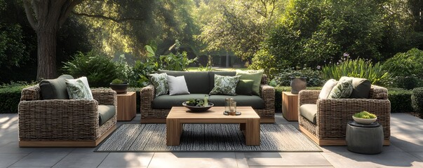 Naklejka premium Outdoor living furniture set in lush green backyard garden, natural daylight, modern lifestyle photography