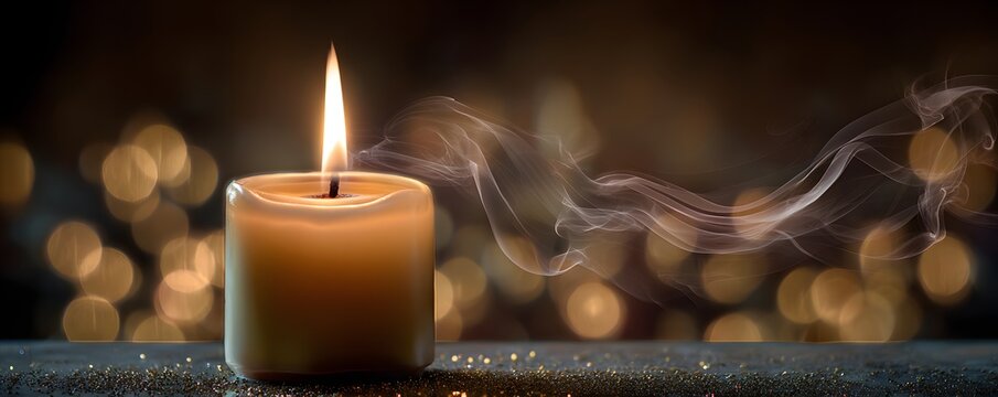 Elegant candle photography with soft smoke and warm circular bokeh background