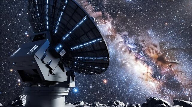 Large dish antenna on rocky terrain under a starry, nebular sky