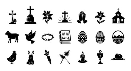 Obraz premium Collection of Easter icons including a cross, church, lamb, bunny, egg, and other religious and festive symbols for celebration and design