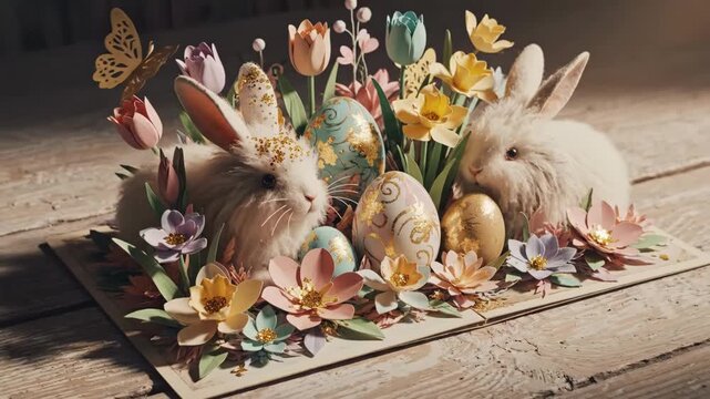 Two Fluffy Rabbits With Decorated Eggs Nestled Inside Handmade Easter Card Surrounded By Pastel Paper Flowers, Tulips, Daffodils And Gold Eggs On Rustic Wooden Table, Soft Warm Light, Delicate.