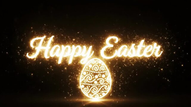 Glowing Golden Happy Easter Script Shimmering Particles Surround Elegant Illuminated Calligraphic Greeting Above Intricately Decorated Glowing Egg On Dark Background Cinematic Warm Glow Celebratory.