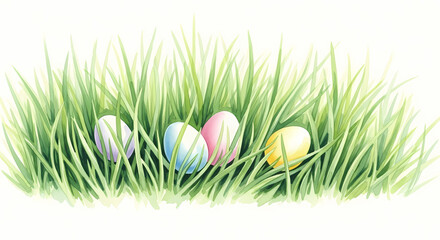 Fototapeta premium Colorful Easter eggs hidden in green grass on white background 