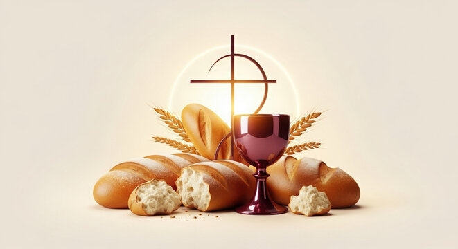 Communion elements with bread and wine on neutral background  