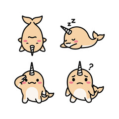 Cute cartoon narwhal with different emotions and facial expressions on white background © AnuStock