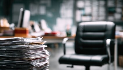 Office Chair and Stack of Papers in a Blurred Office Environment.