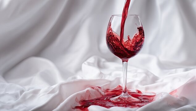 Red Wine Being Poured into a Glass with Spills on White Fabric.