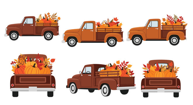 Six illustrations of classic fall-themed pickup trucks filled with pumpkins and colorful autumn foliage on a white background.