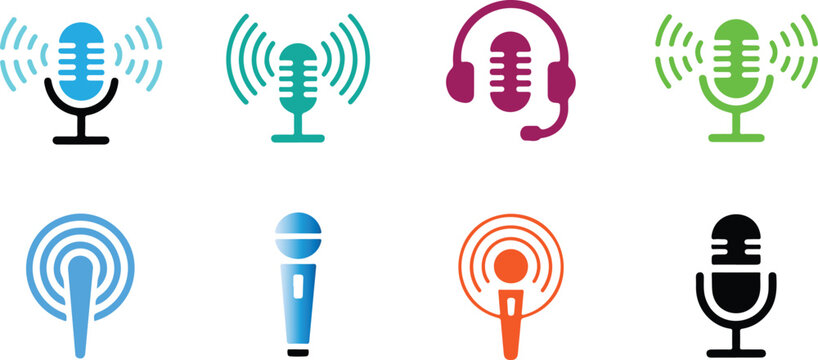 Microphone and sound wave icon set vector illustration representing audio, recording, broadcasting, and music production concepts