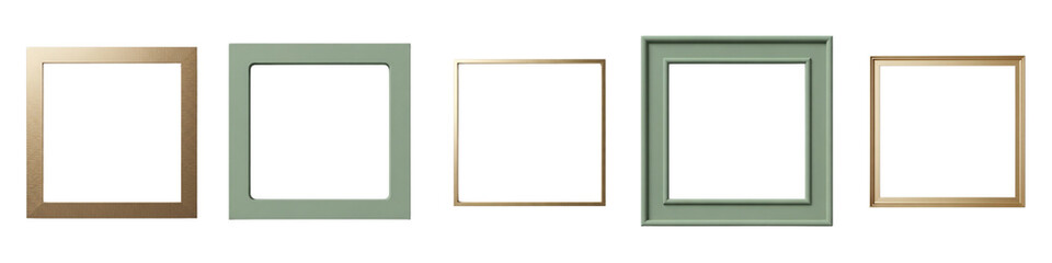 Fototapeta premium Gold and green picture frames in varying sizes on white background 