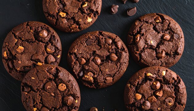 Top view dark chocolate chip cookies, visible chips, soft light, dark background, photorealistic.