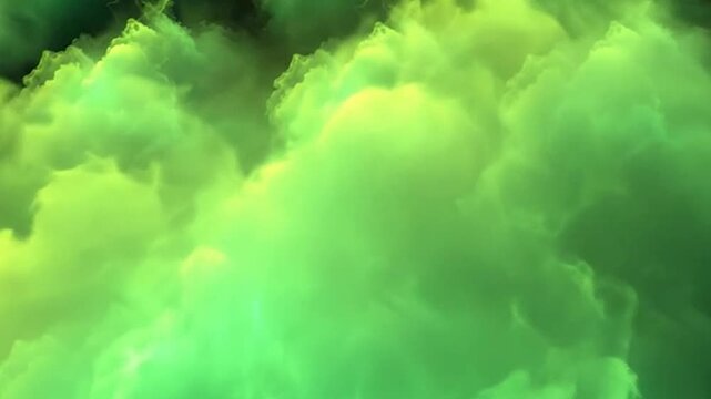 Abstract green and yellow smoke clouds billow across a dark background.