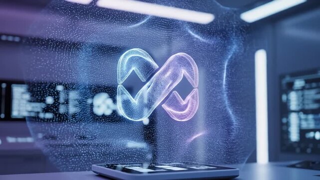 Evolving digital DevOps infinity symbol morphing in a futuristic high-tech lab for continuous integration concept and technological innovation