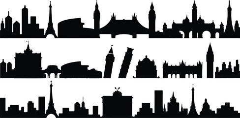 Obraz premium Travel and tourism landmarks vector collection featuring famous buildings, holiday destinations, and global sightseeing locations