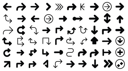 Extensive collection of black arrow icons showcasing various directions, shapes, and styles, including circular, double-headed, and curved pointers for diverse applications.