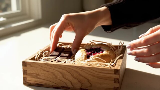 Female hands arranging a gourmet berry galette and chocolate bar in a rustic wooden gift box for a handmade present concept with warm sunlight