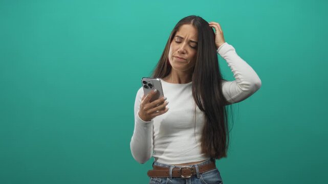 Young hispanic woman with long hair, wearing white top and jeans, holding smartphone and touching her head with a furrowed brow in studio; confusion.